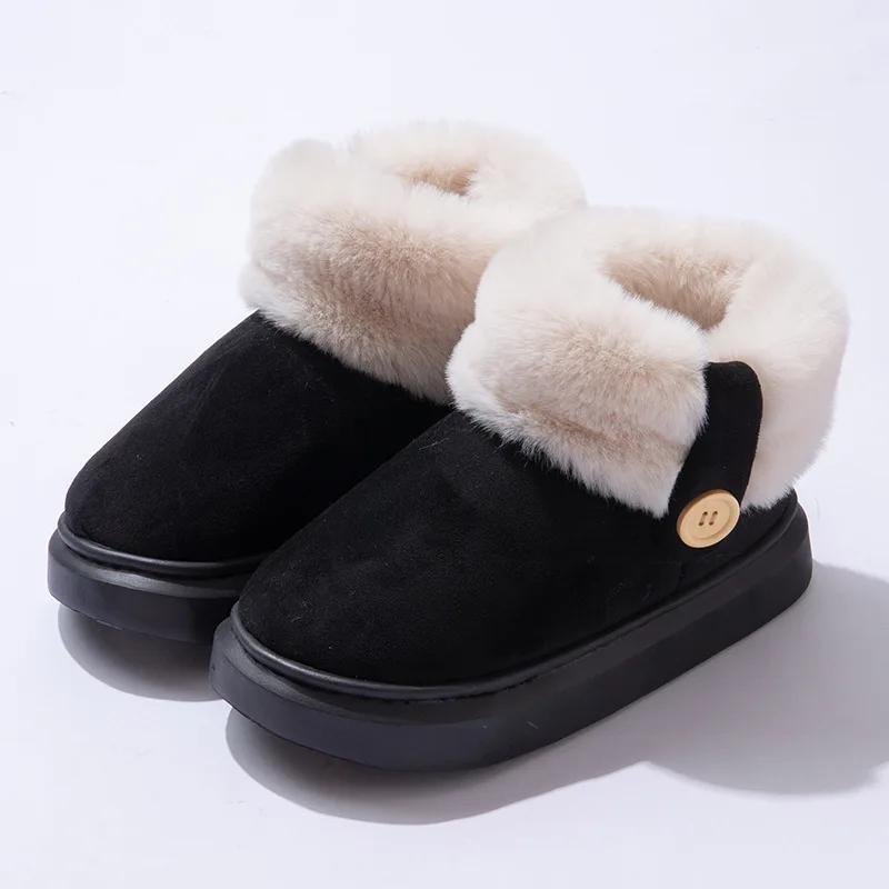 

Модные женские замшевые теплые ботильоны для снега, женские зимние хлопковые тапочки на платформе, уличные плюшевые на толстой подошве, повседневные домашние нескользящие ботинки 36-37 чёрный