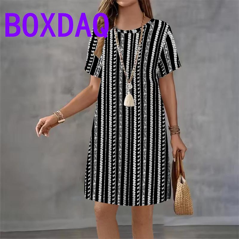 Gradient striped Pattern For Ladies Dress Vintage Short Sleeve O-Neck Loose Casual A-Line Dress Summer 3D Print Women Sundress