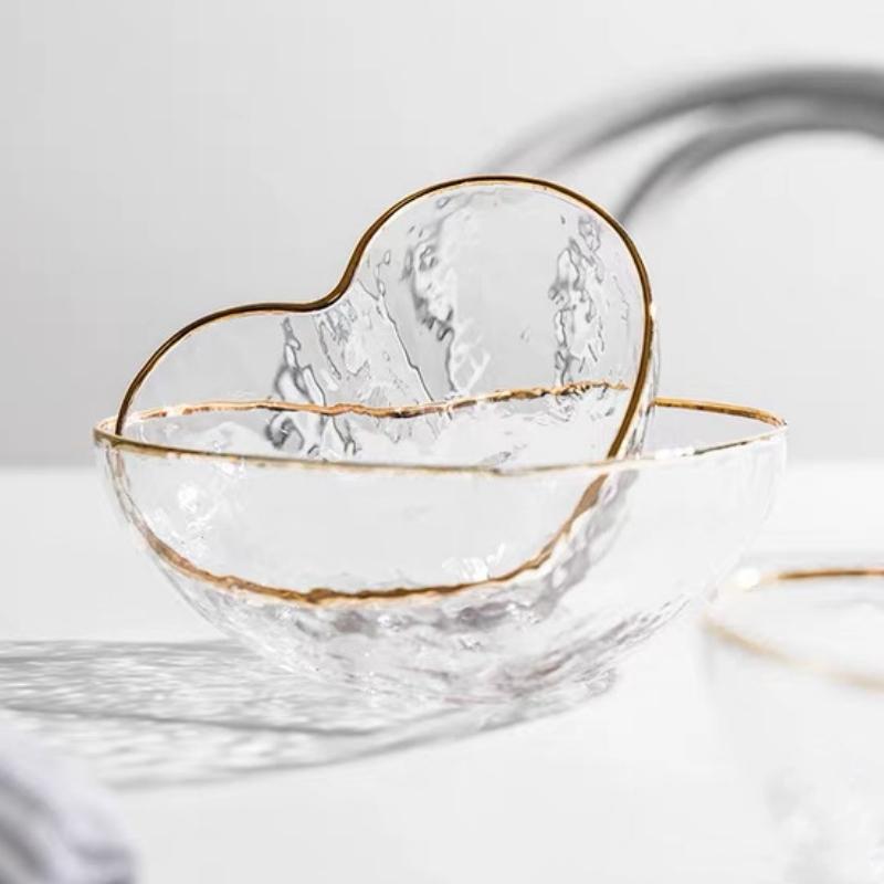 Creative Golden-Bordered Glass Salad Bowl, Ice Cream Dessert Plate, Fruit Plate, Heart-Shaped Bowl, Home Kitchen Tableware