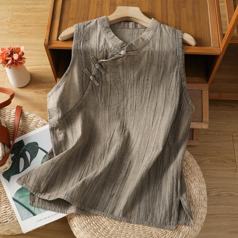 Women S Summer Thin Sleeveless Mandarin Collar Frog Button Vest M серый