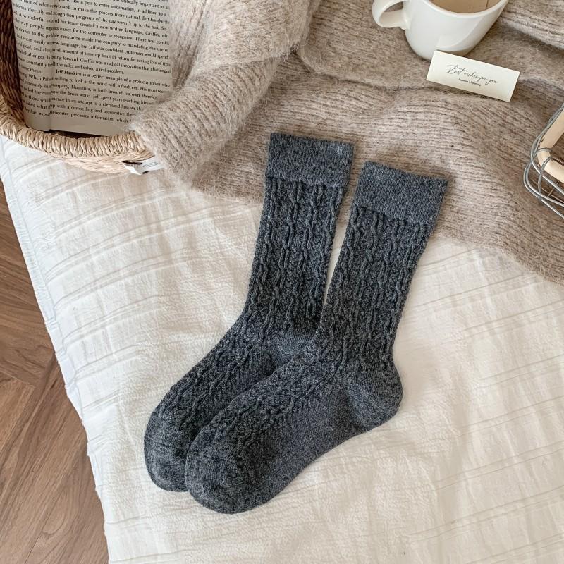 Twist Wool Socks Children'S Season Mid-Tube Socks Thickened Warm And Comfortable Plush Socks Gray Socks