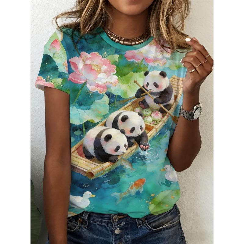 Chinese style watercolor panda rafting lotus print comfortable fabric 4XL