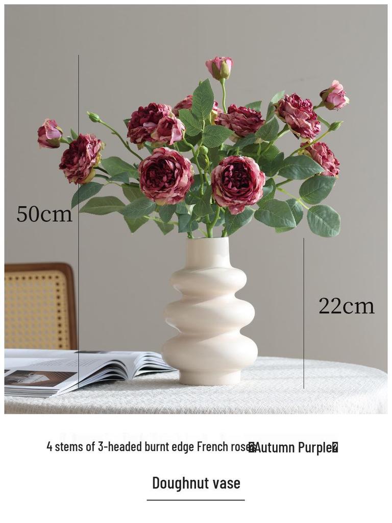 Vintage Burned Edge Rose Artificial Floral Arrangement for Living Room or Dining Table Decor