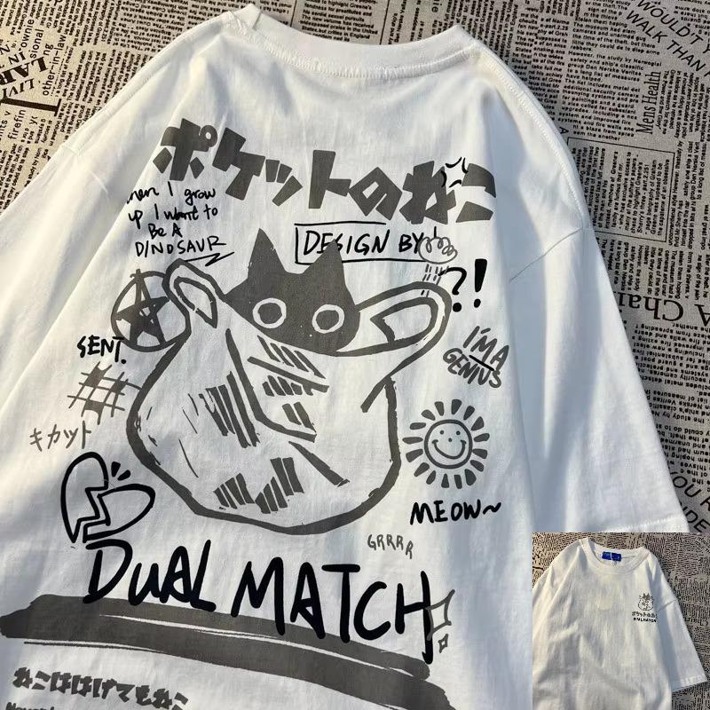 Unisex Unisex Cartoon T-Shirts Harajuku Kawaii Katze Aufdruck Kurzarm T-Shirts Paar Streetwear Kleidung Y2k Oberteile Grafik T-Shirts