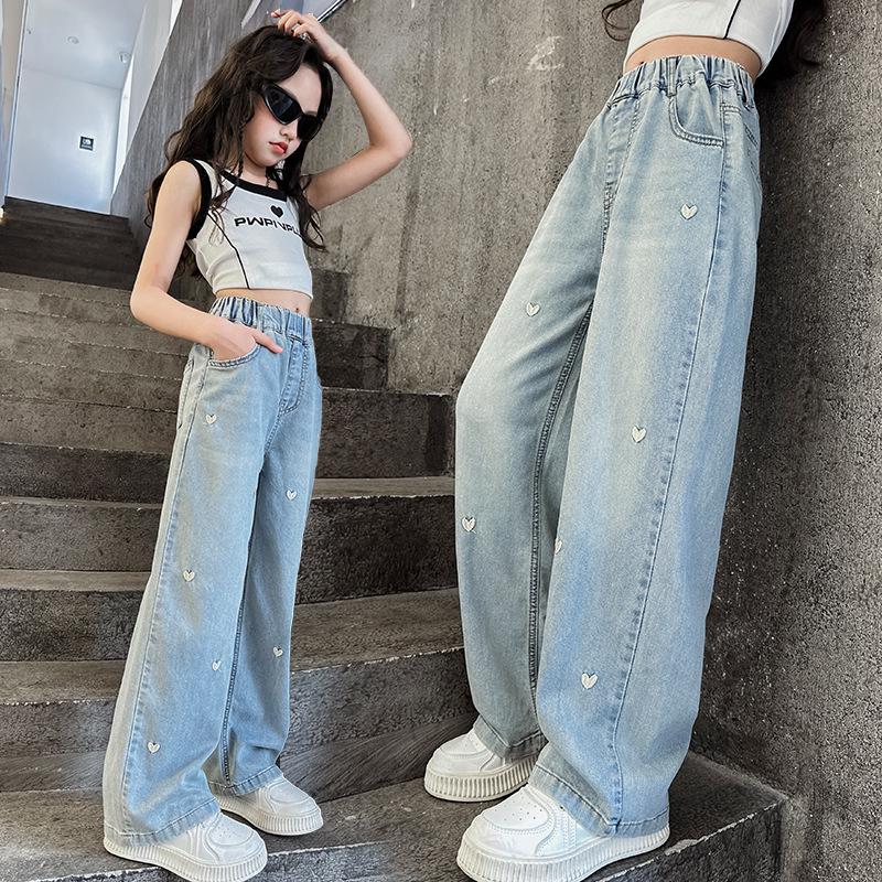 Girls' Trendy Spring 2025 Loose Wide-Leg Jeans - Casual, Straight-Leg Style for Middle and Big Kids