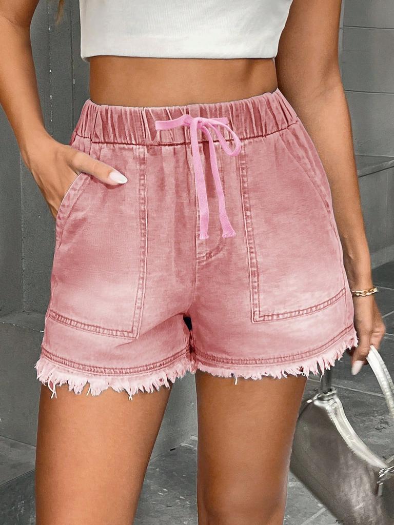 Women's Elastic Drawstring Mid Rise Straight Denim Shorts Non Stretch Frayed Hem Washed Casual Bermuda Shorts
