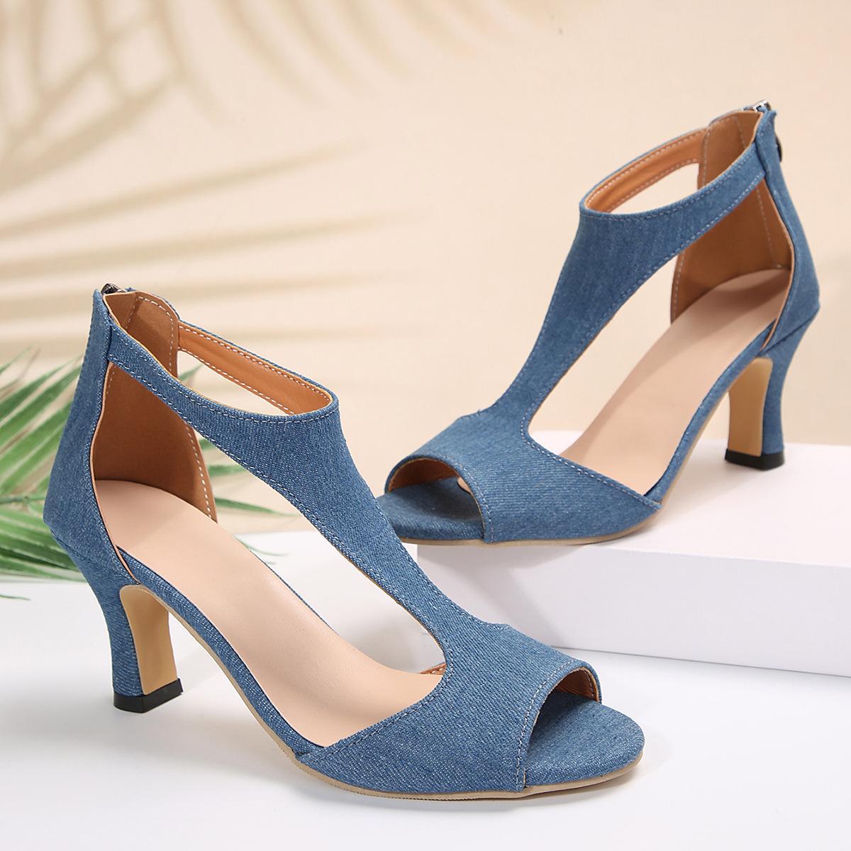 

Простые и модные женские летние босоножки с застежкой-молнией сзади и каблуком-рыбьим ртом большого размера с толстым каблуком и пустыми боковыми гранями 43