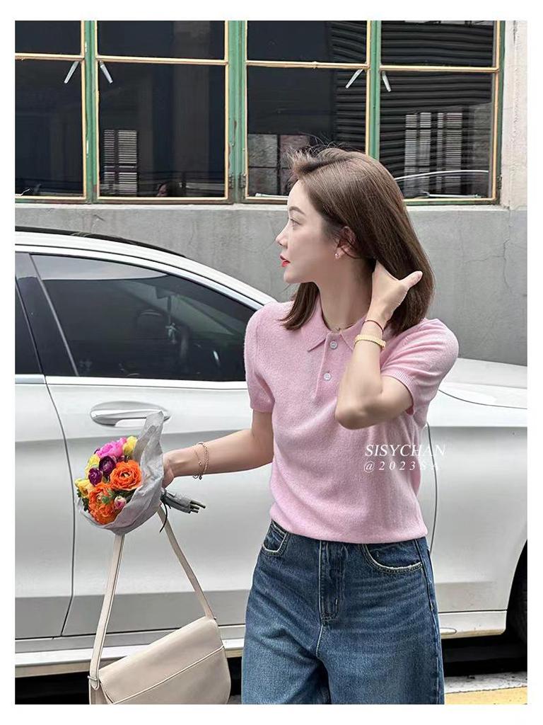 Korean Style Slimming Polo Collar Knit Shirt - Women's Casual Summer Pullover