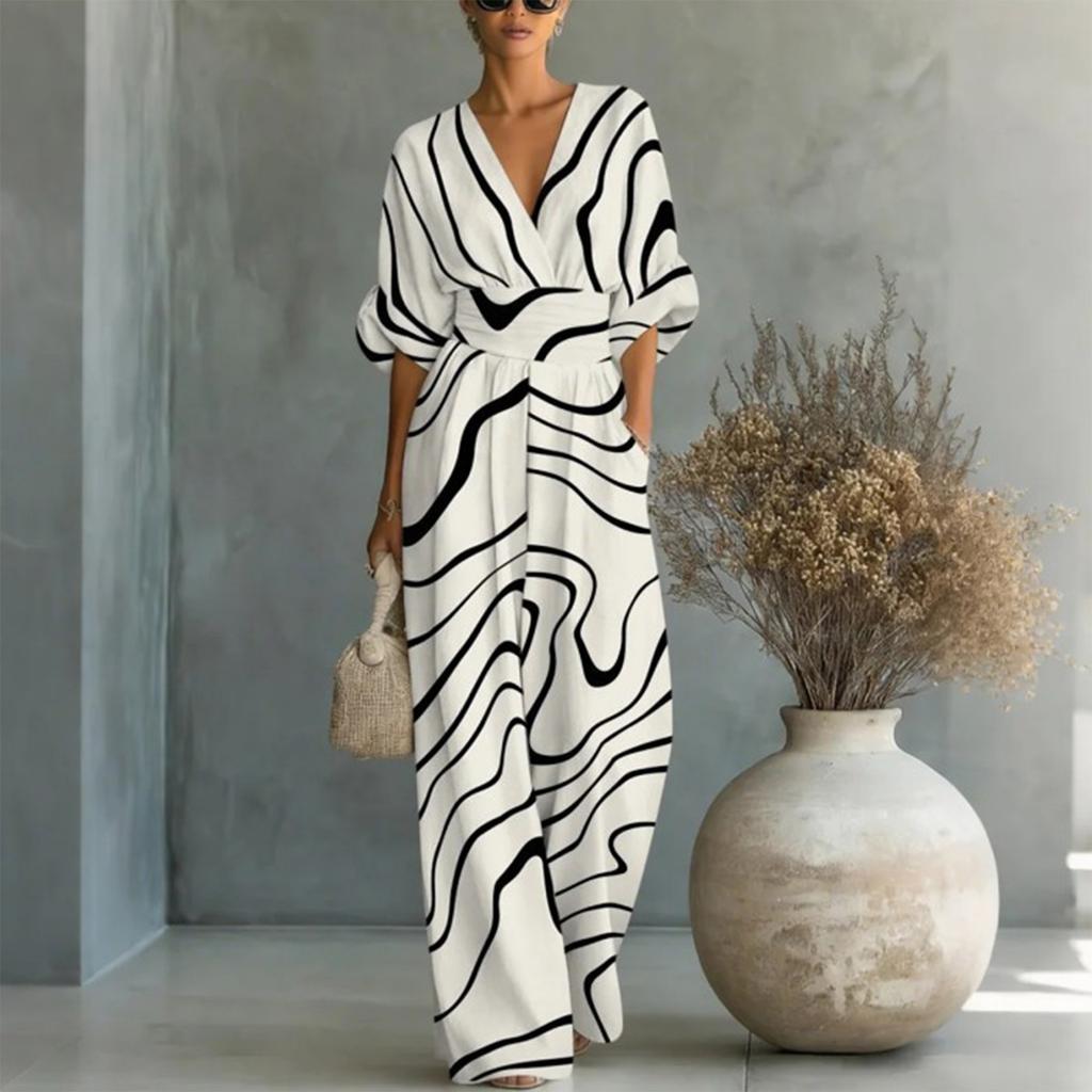 Dames Elegante V-hals Bedrukte Jumpsuit met Tailleband Losse Pasvorm Lange Mouwen Eendelig Outfit voor Casual of Formeel Gebruik
