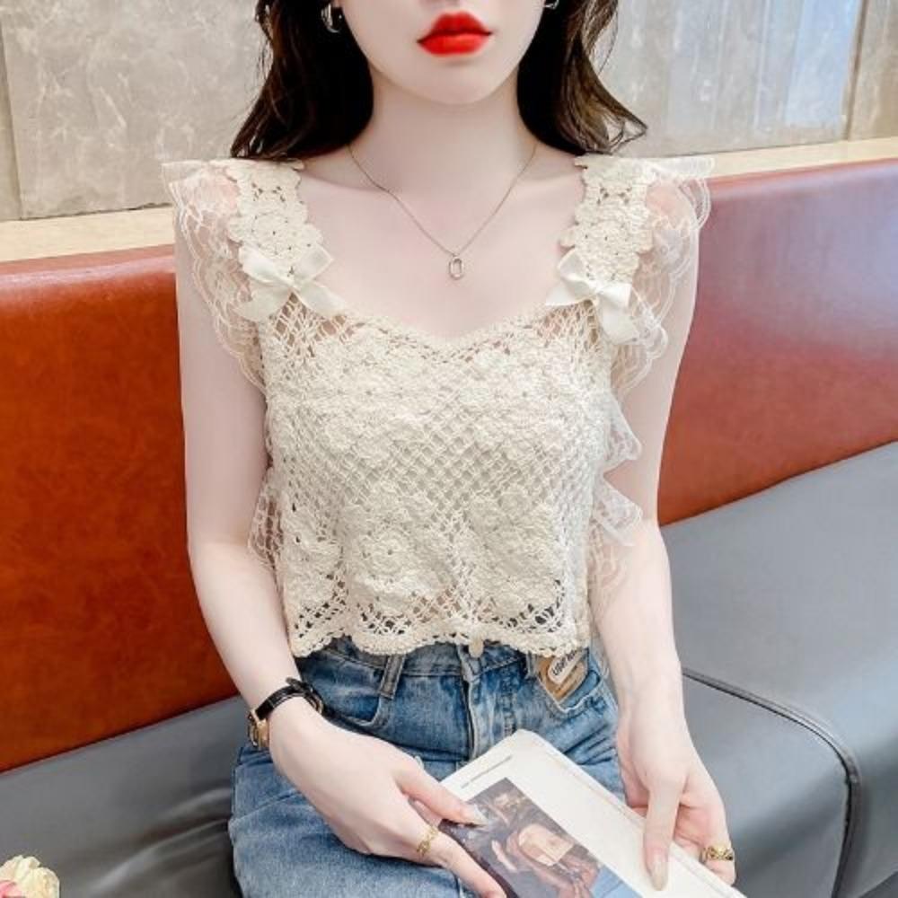 New Casual Hook-flowered Hollow Vest for Women with High Waist Short Personalized Design Lace Top