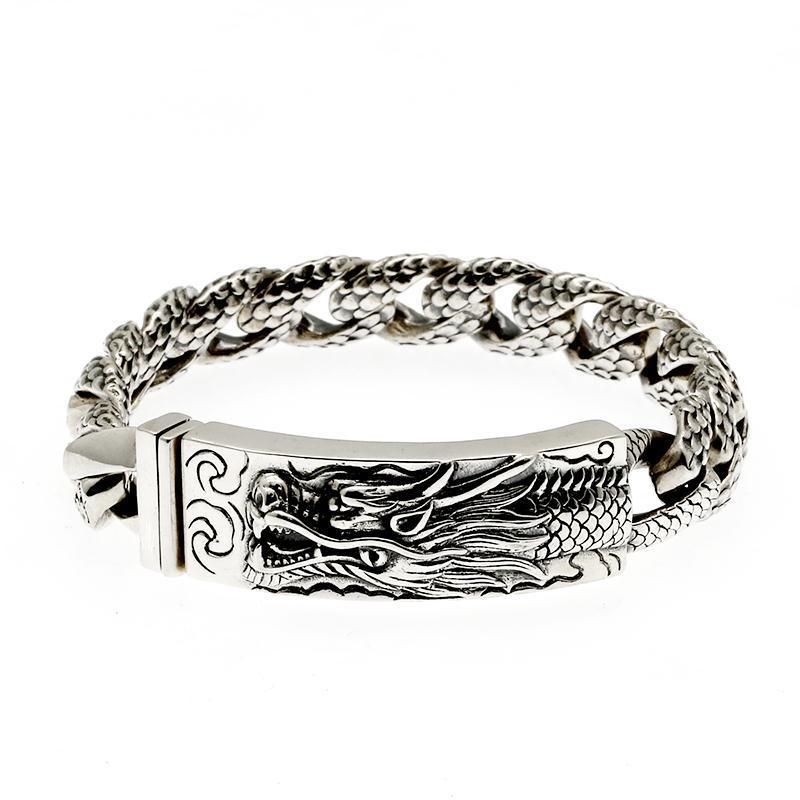 2026 Trendy Brand Chain Jewelry Retro Personality Domineering Dragon Pattern Men's Bracelet Carved Faucet Silver Chain