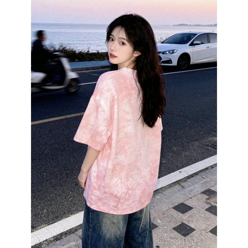 100% cotton lazy fashion tie-dye short-sleeved t-shirt men's and women's summer casual loose street crew neck couple top