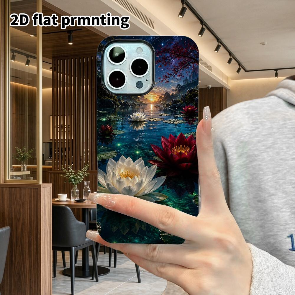Phone Case: 2D flat design suitable for iPhone 18, 17, 16, 15, 14, 13 Pro film protective case, couple style, star and moon lotus pond, Christmas and
