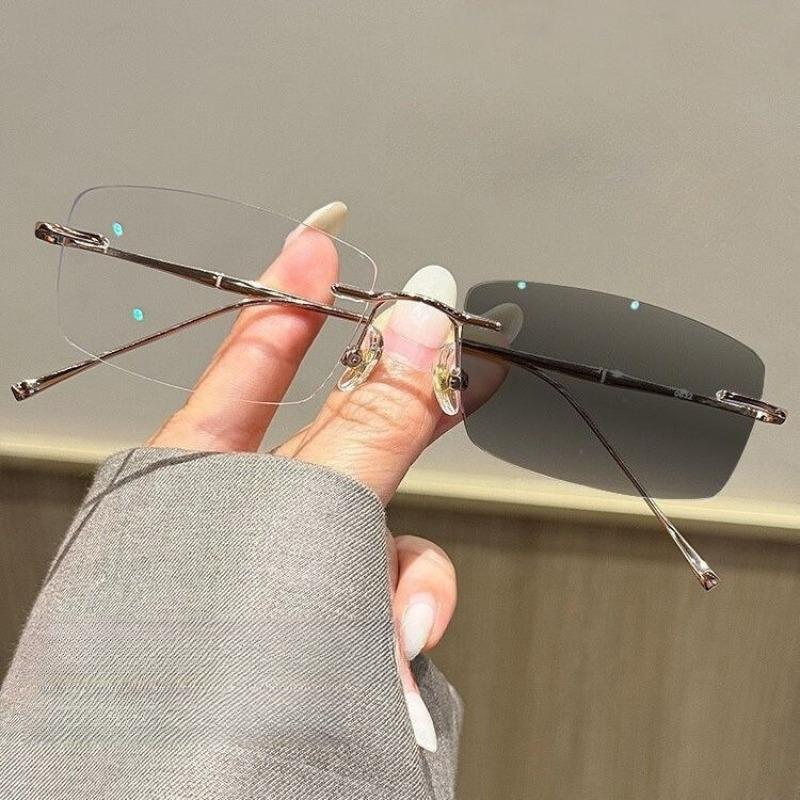 Photochromic Frameless Myopia Glasses for Women Ultra-Lightweight Square Frames with Blue Light Protection Minus Diopter Eyewear