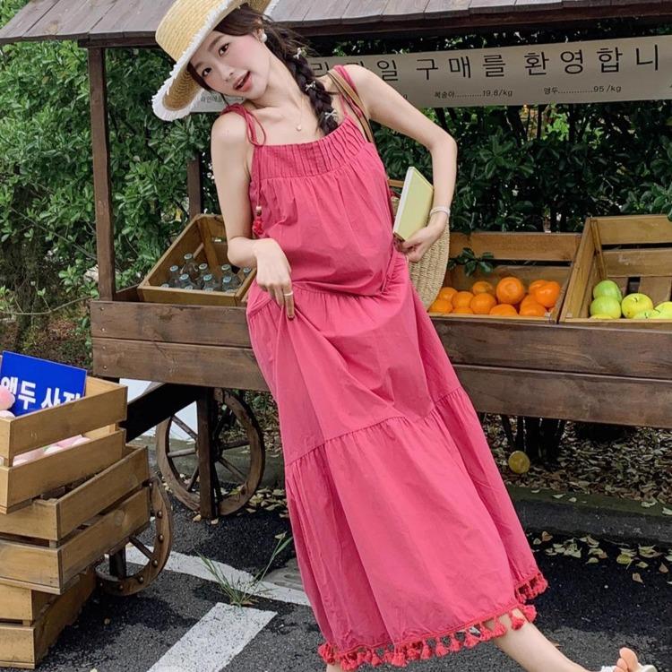 שמלת קיץ בהירה מידה גדולה לנשים אדום ורד גופיית פרינג' שמלת חוף