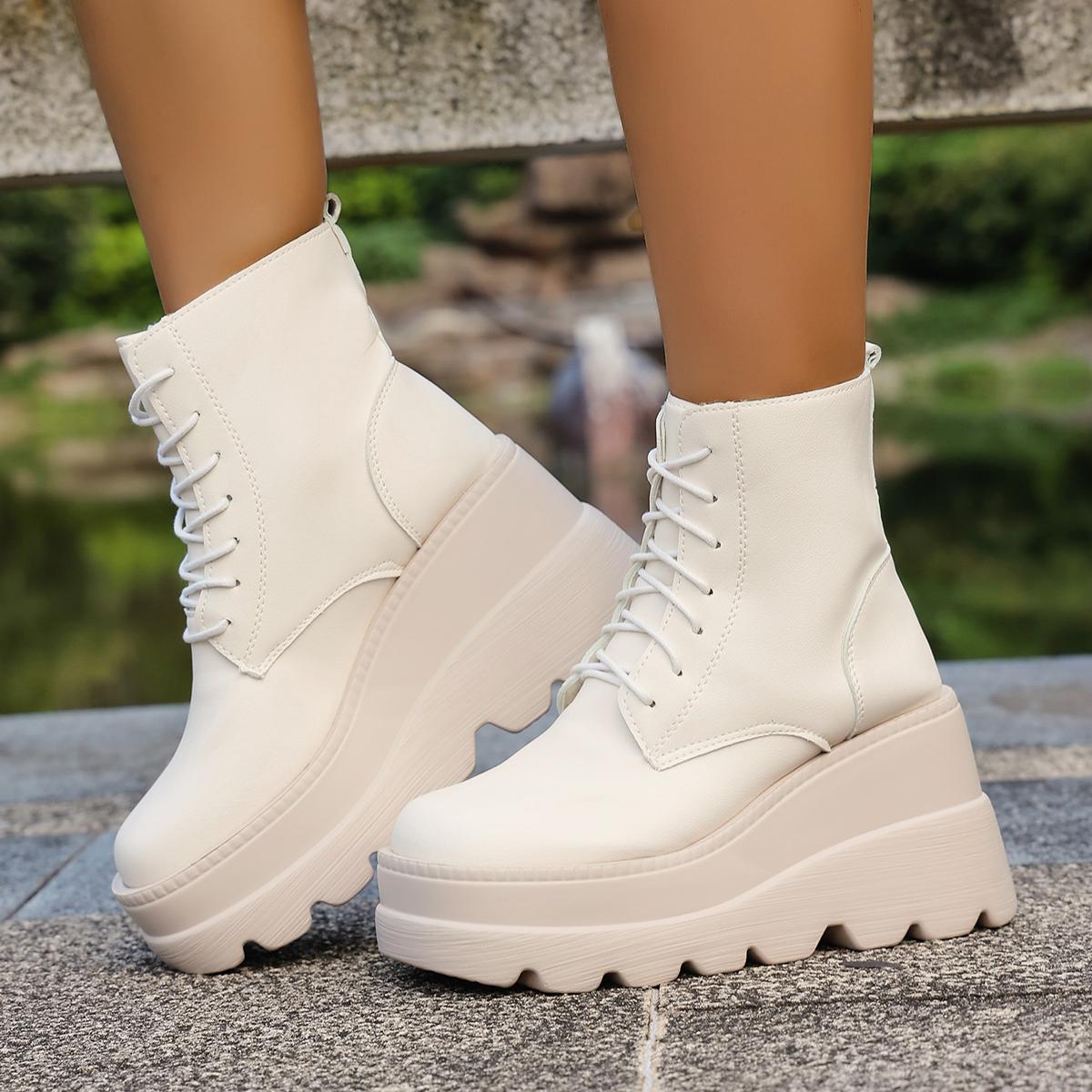 

Модные новые женские ботильоны из искусственной кожи, женские осенне-зимние туфли на шнуровке с круглым носком, женские мотоциклетные ботинки на платформе в готическом стиле для косплея 98 36 бежевый
