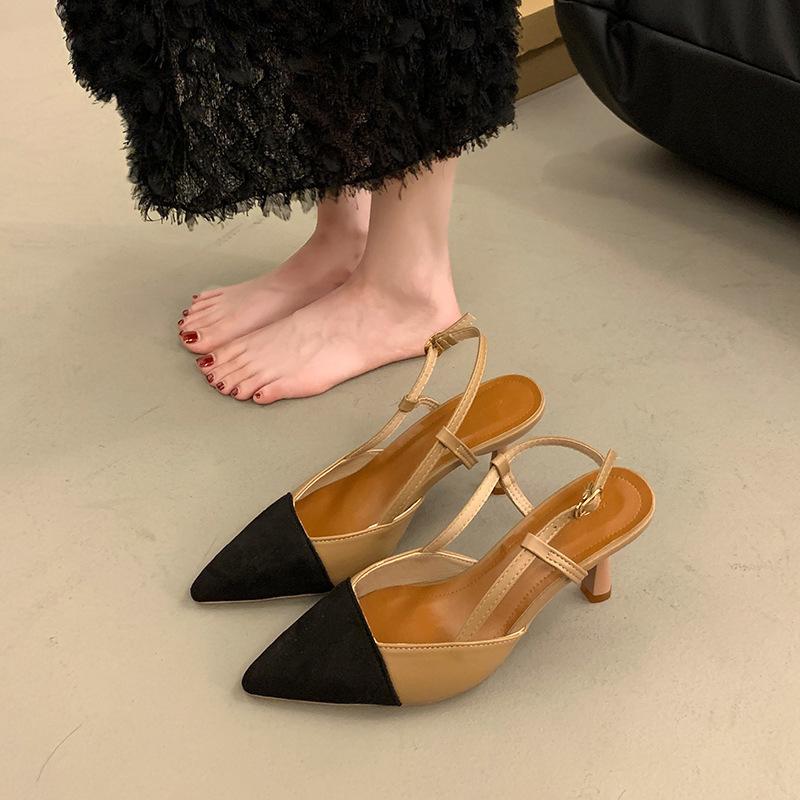 

2025 summer new fashion pointed thin heel sandals French color matching light mouth high heels empty fashion women s shoes 36 хаки