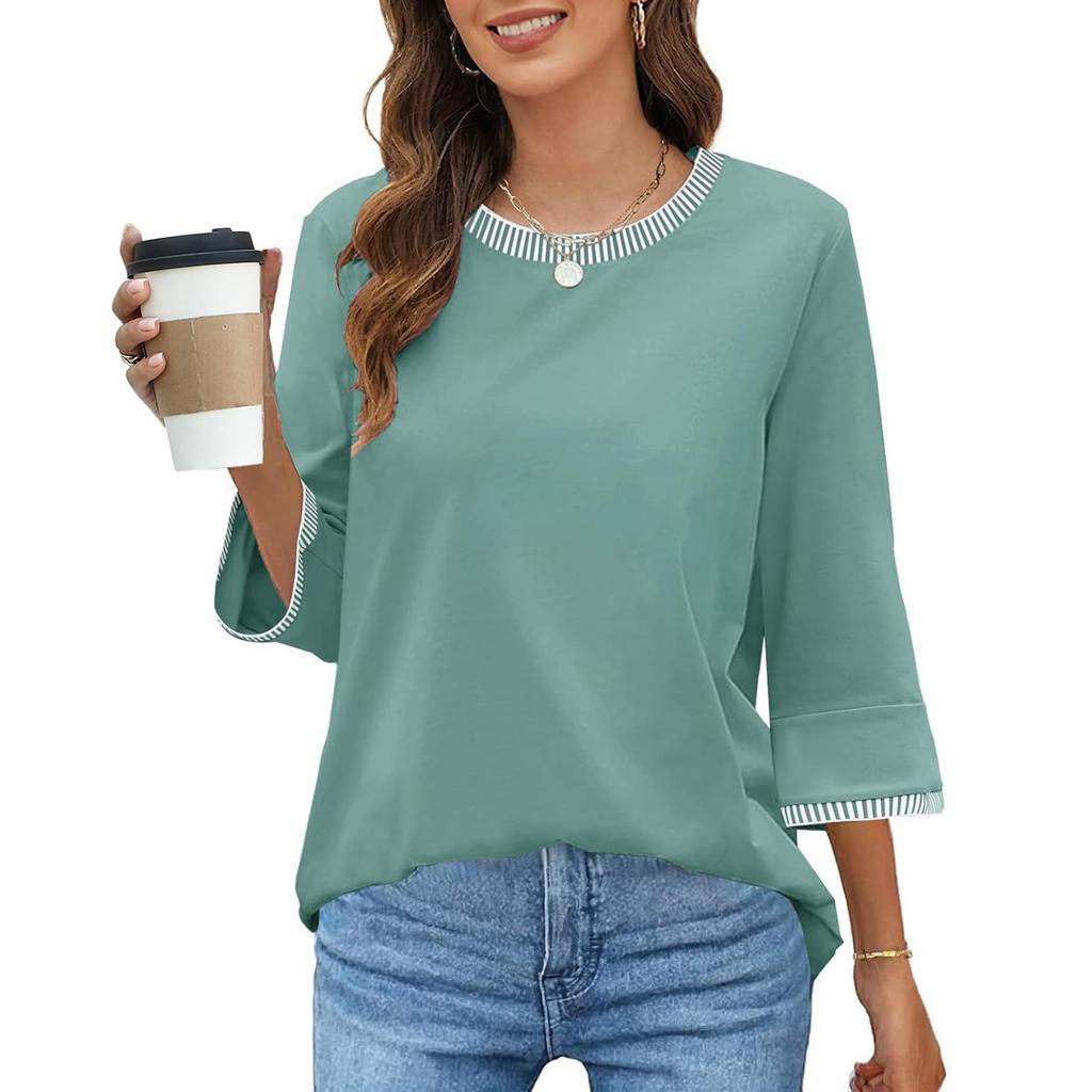 Women's Fashion Loose Round Neck Clashing Colour T-Shirt Seven Sleeve Top