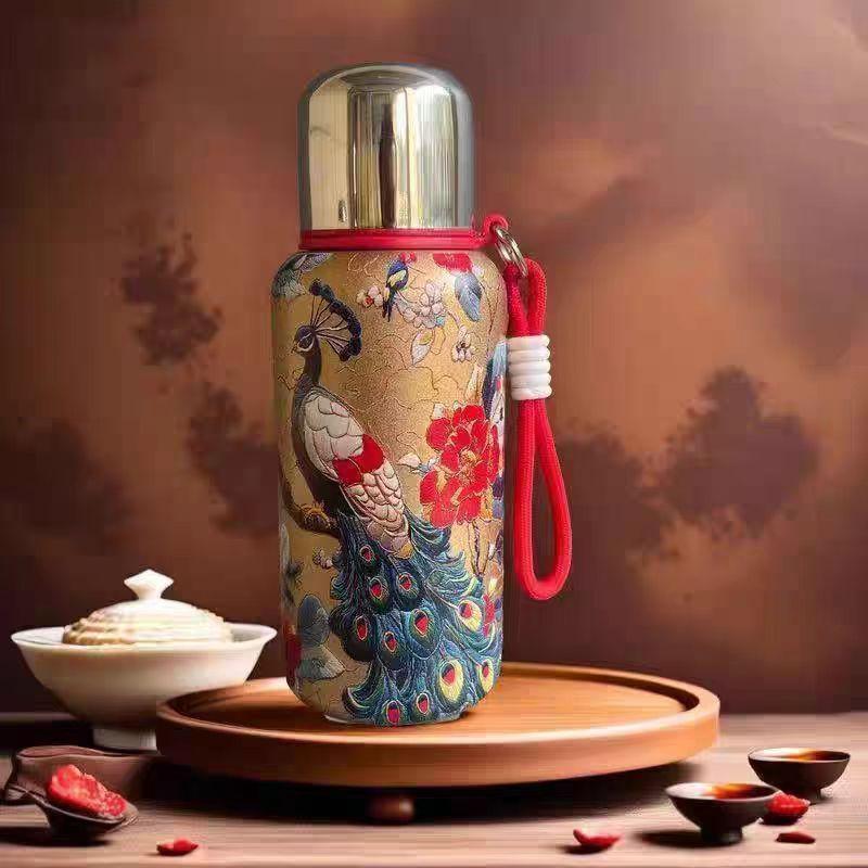 Guofeng Koi Pattern 304 Stainless Steel Thermos Cup Peacock Pattern Portable Lanyard High Value Water Cup Business Gift