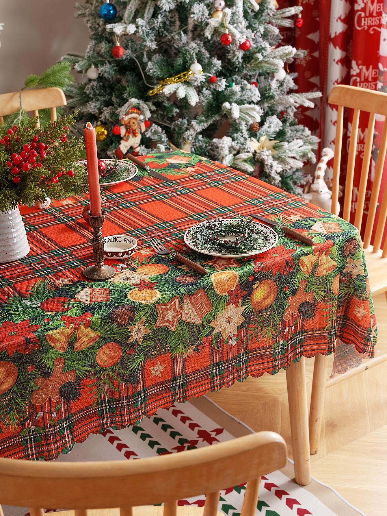 

American Style Christmas Theme Tablecloth Holiday Decor Press Flower Tablecloth Finished Product Dining Table Cover 140x100cm червоний