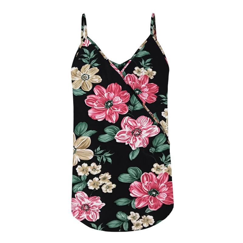 Kvinner V-hals Floral Tank Tops Dame Sommerferie Uformell Løs Vest T-skjorte