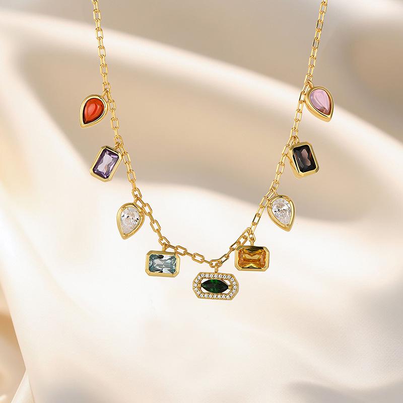 European & American Gold-Plated Copper Necklace with Colorful Zircon, Light Luxury High-End Jewelry