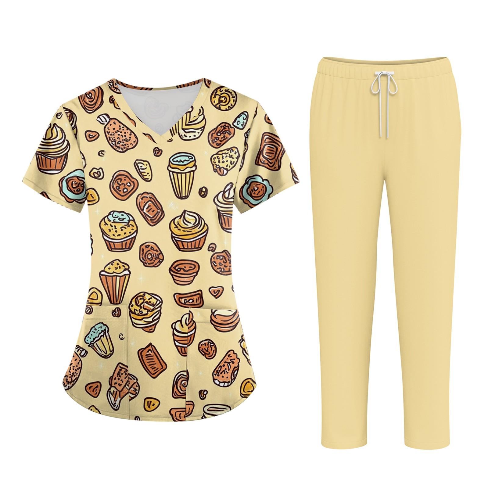 

Плюс размерСкраб с принтом Рабочая форма Топы для женщин Крест V-образным вырезом Хэллоуин Принт с короткими рукавами Забавные футболки Спецодежда Футболка с карманами XL жёлтый