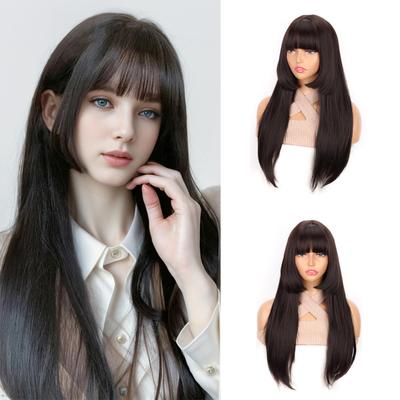 Long Straight Black Wig With Bangs Princess Cut Anime Wig Natural Synthetic Hair Wig For Women Cosplay And Daily Wear
