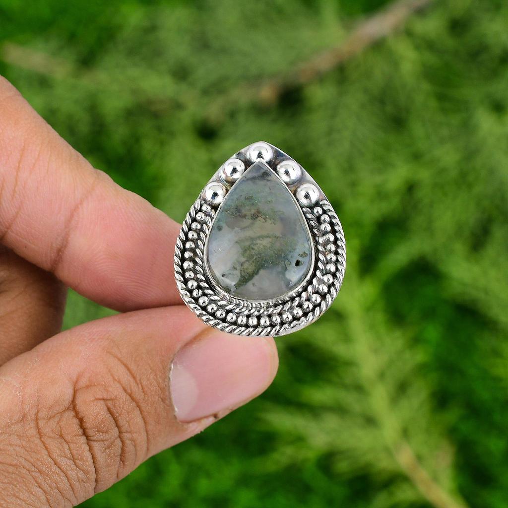 Solar Moss Agate Stone 925 Sterling Silver Ethnic Bezel Solitaire Ring Jewelry