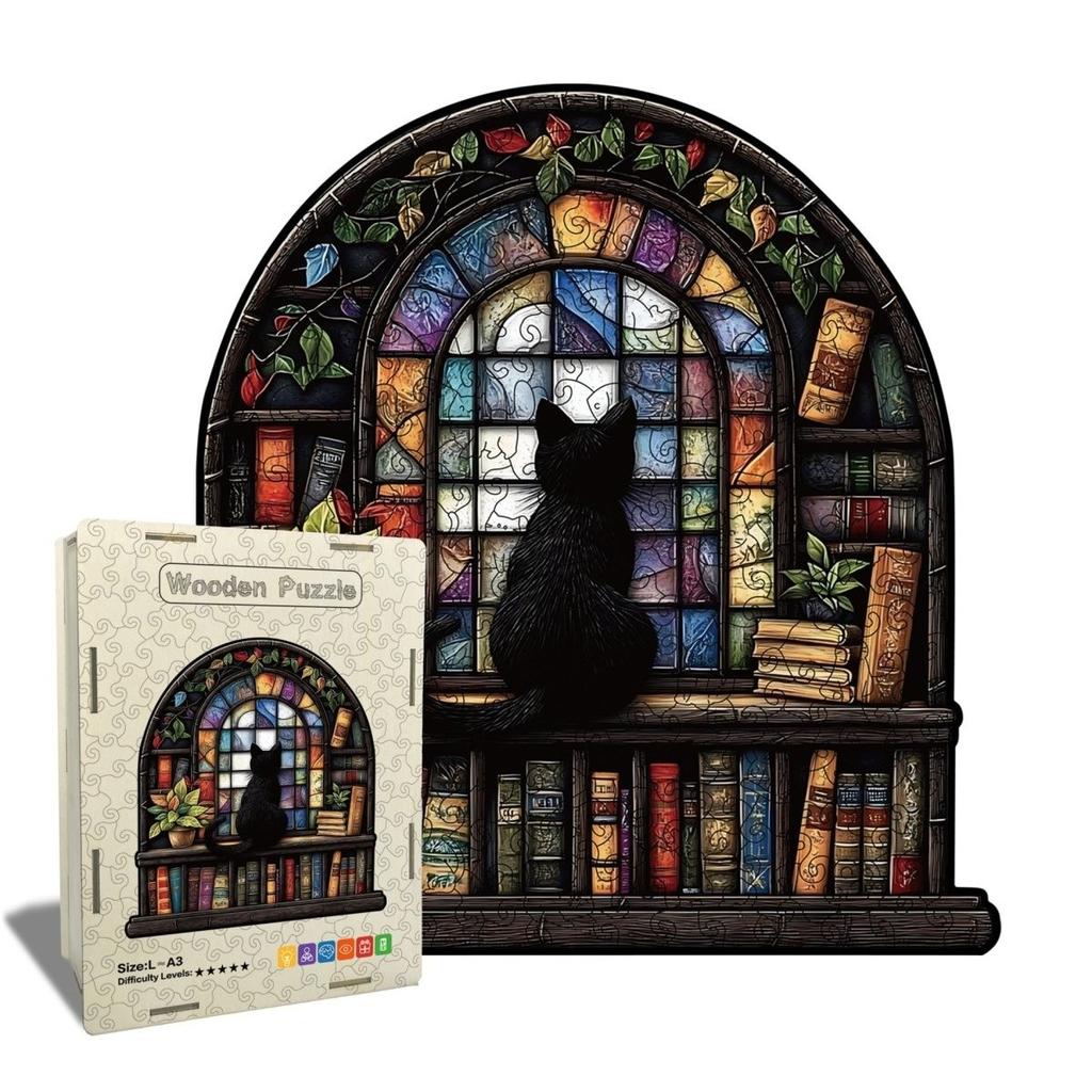 Window Cat Wooden Jigsaw Puzzle, Church Cat Art, Irregular Shaped Pieces, Adult Brain Teaser Stress Relief Game, Unique Wooden Puzzle Gift, DIY