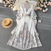 Vacation Style Stand-up Collar Puff Sleeve Wide Hem Printed Dress