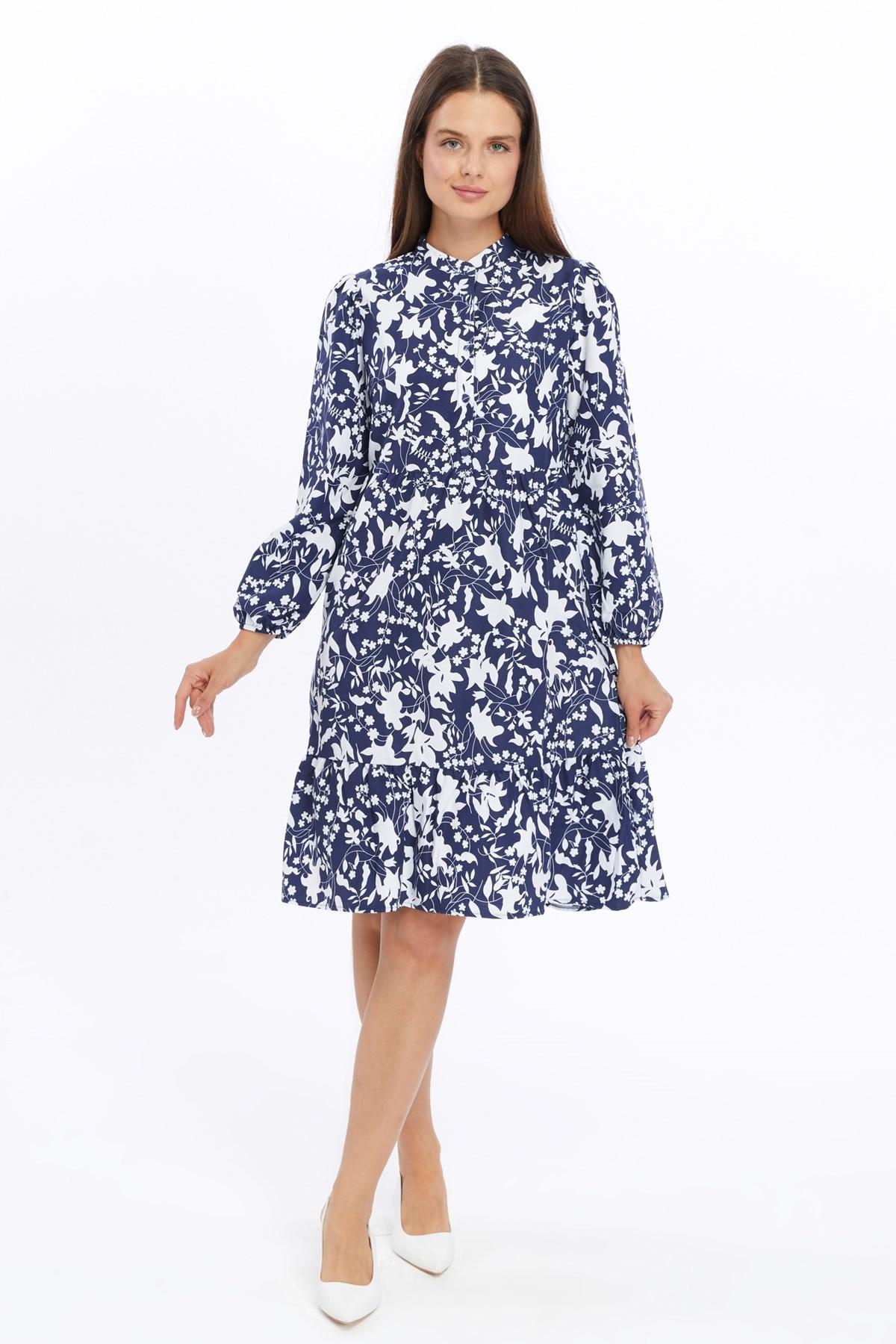 

Apsen Women s Patterned Half Placket Wide Pattern Cotton Woven Dress 4494/102 36 темно-синий