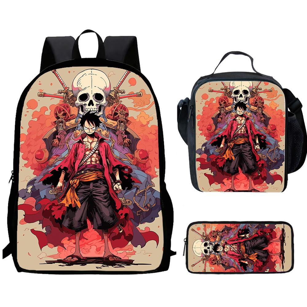 One Piece 15-Inch Mochila 3 Pcs Lightweight Adjustable Cartoon School Backpack With Lunch Bag Pencil Case For Children Ages 6-10
