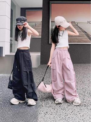 Pantalones de trabajo de verano holgados de pierna ancha para niñas - Estilo callejero coreano para niños grandes, frescos y finos para primavera y otoño.