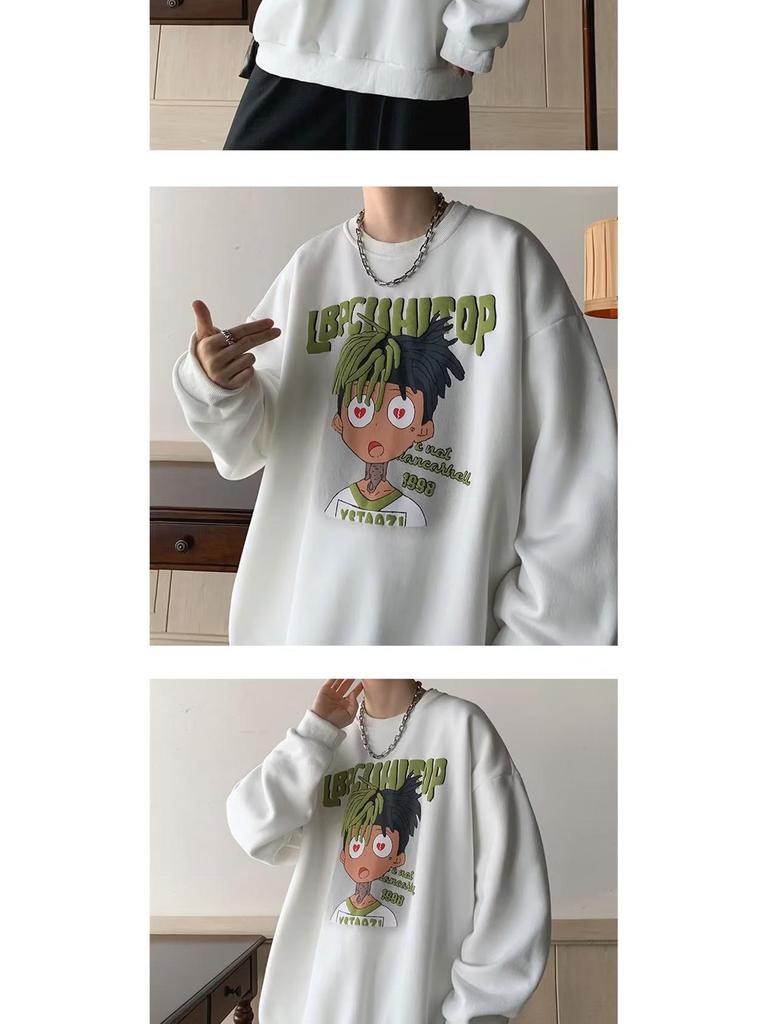 Men's American Cartoon Hip Hop Plus Velvet Thickened Hoodie - Round Neck Autumn Winter Outerwear