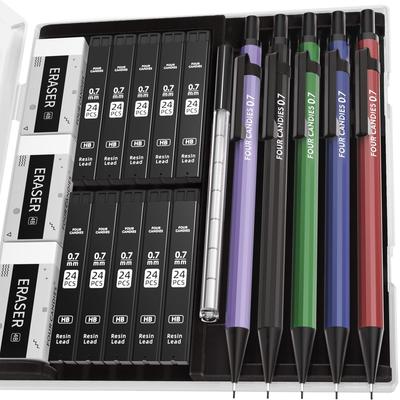 Four Candies Mechanical Pencil Set with Case 5 Metal Mechanical 10 HB Lead 3 4B and 9 Eraser Student Writing Supplies 0.7mm - Pencils, #2 Refills,