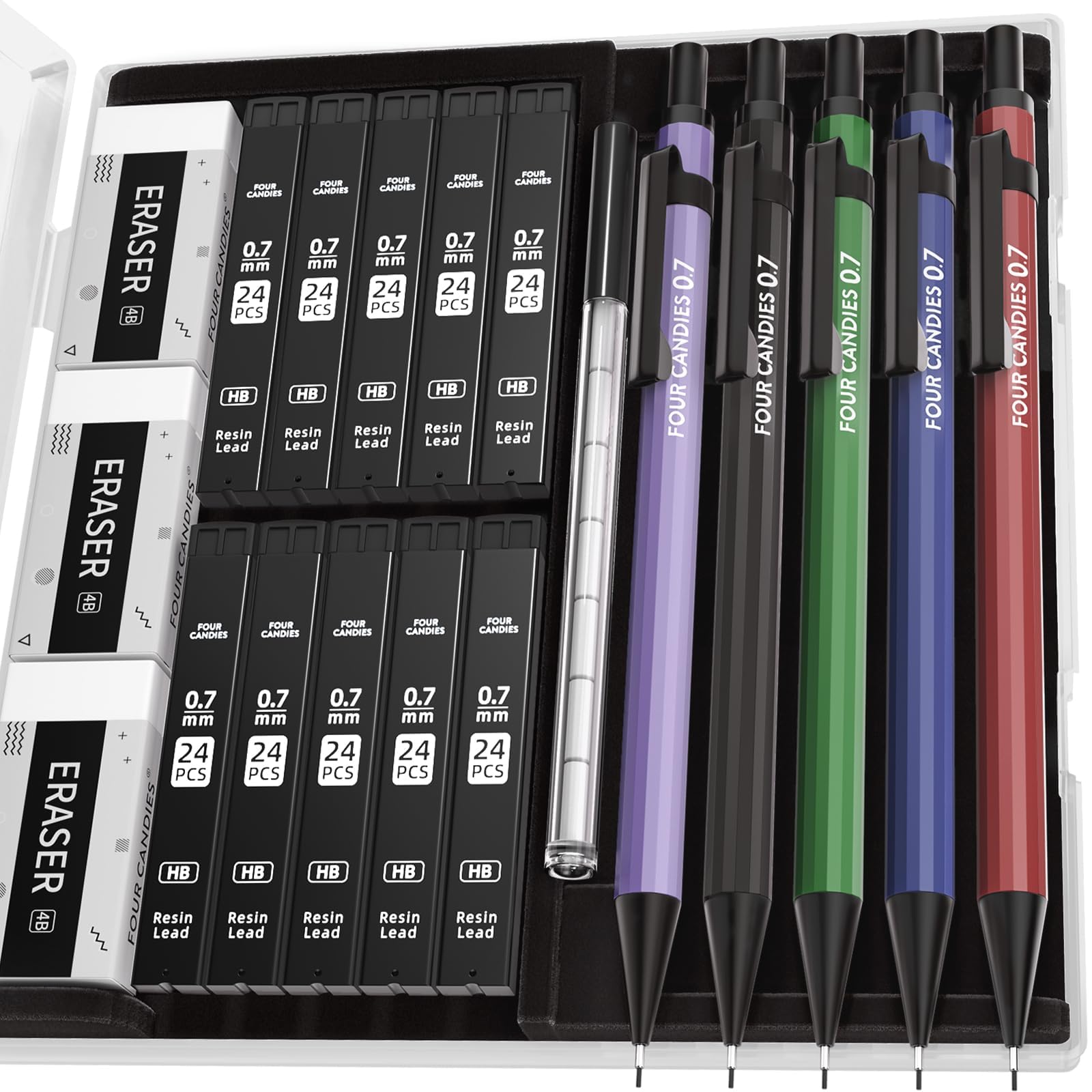 

Four Candies Mechanical Pencil Set with Case 5 Metal Mechanical 10 HB Lead 3 4B 9 Eraser Writing Supplies for Students 0.7mm - Pencils, #2 Refills,