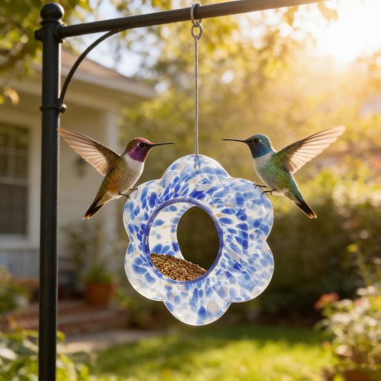 Colorful Glass Bird Feeder Outside Hanging Fly Through Bird Feeder Flower Shape Birdfeeder for Blue Jay Finch Garden Decor