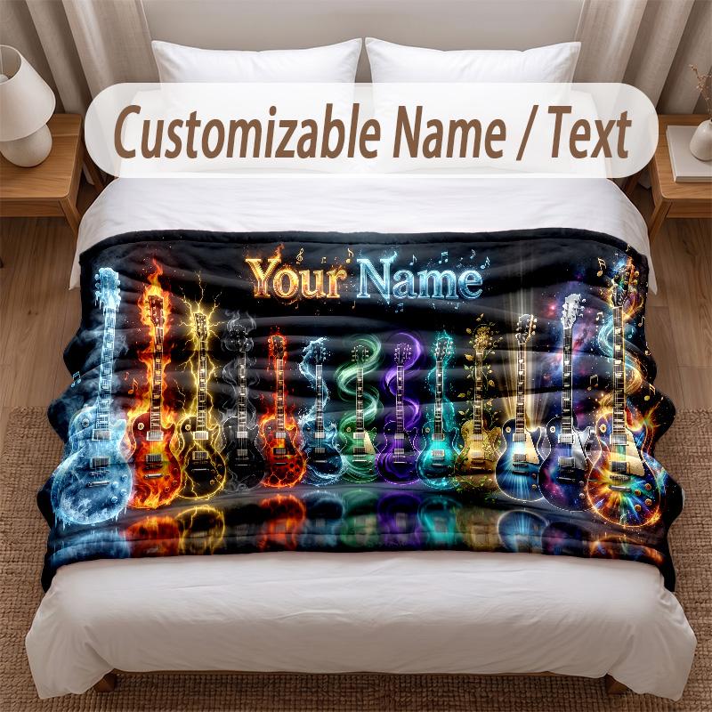 Music Guitar Theme Soft Blanket Personalized Custom Name Text Print Warm Blanket Home Sofa Bedroom Decor