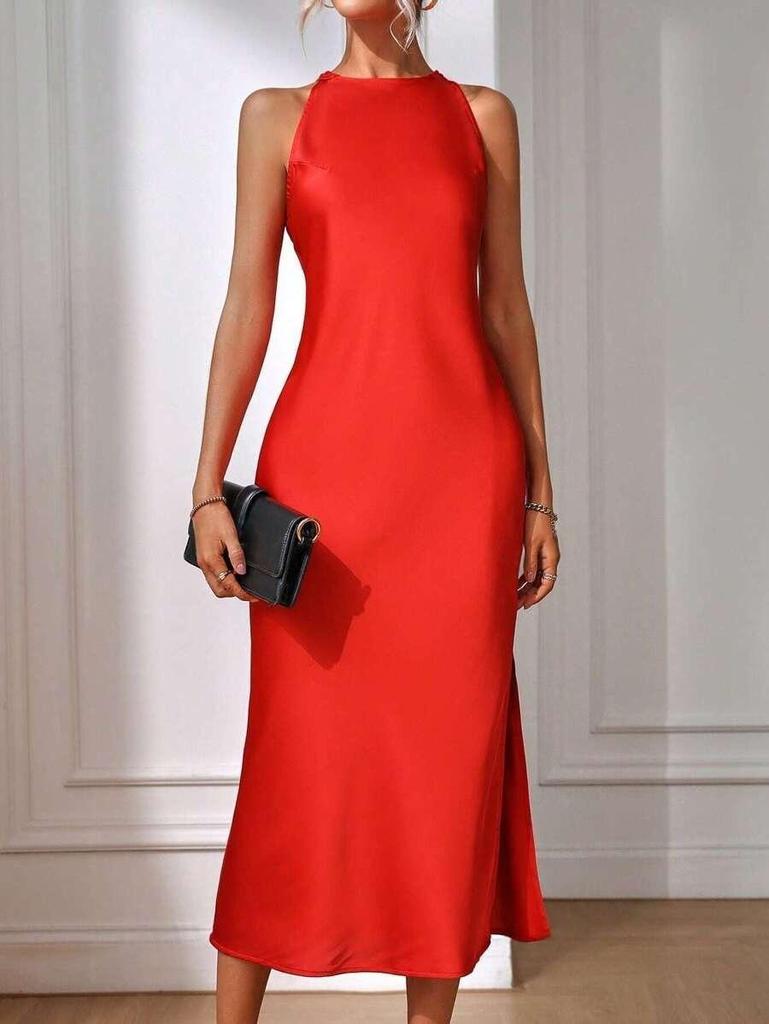 European & American Satin Sleeveless Silk-like Slit Dress for Women - Spring/Summer