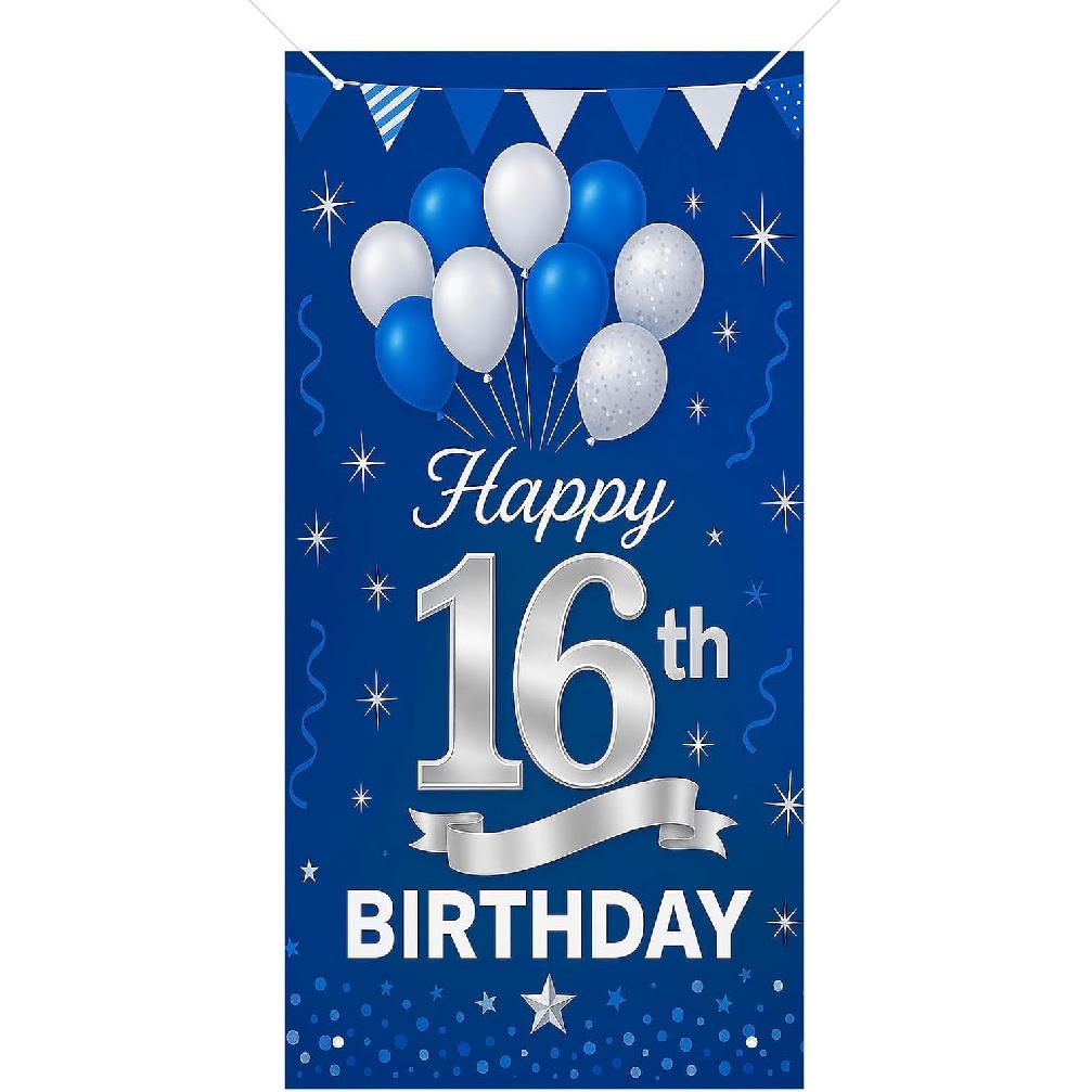 16th Birthday Door Cover 71x35 Inch Blue and Silver Birthday Banner for Party Decorations Balloon Ribbon Backdrop Sign for Boys Girls Teens Photo