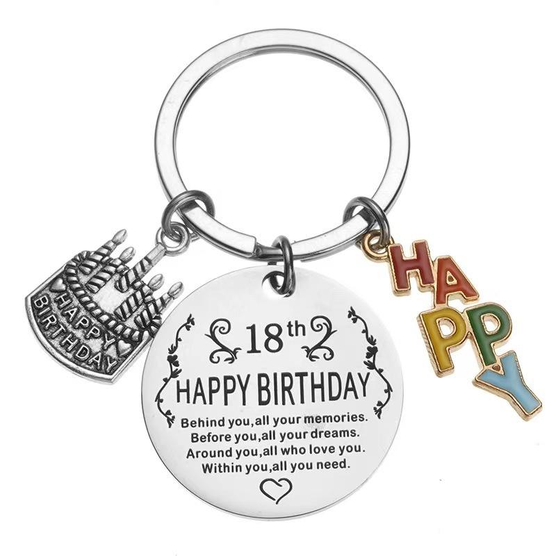 

Happy Birthday Cake Pendant Stainless Steel Keychain Send To Friends Colleagues Birthday Souvenir Stainless Steel Keychain for Backpack Bag Pendant 3*3CM