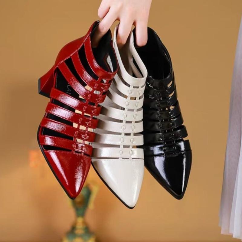 Fall New Block Heel Sandals Women's Pointed Toe Cutout Breathable Rear Zipper Non-Slip High Heels