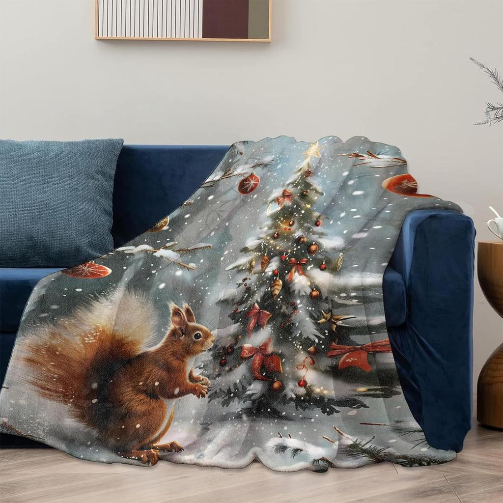 Squirrel and Christmas Tree Blanket Gifts for Adults Women Girls Kids,Winter Forest Holiday Flannel Blankets for Bedroom,Camping