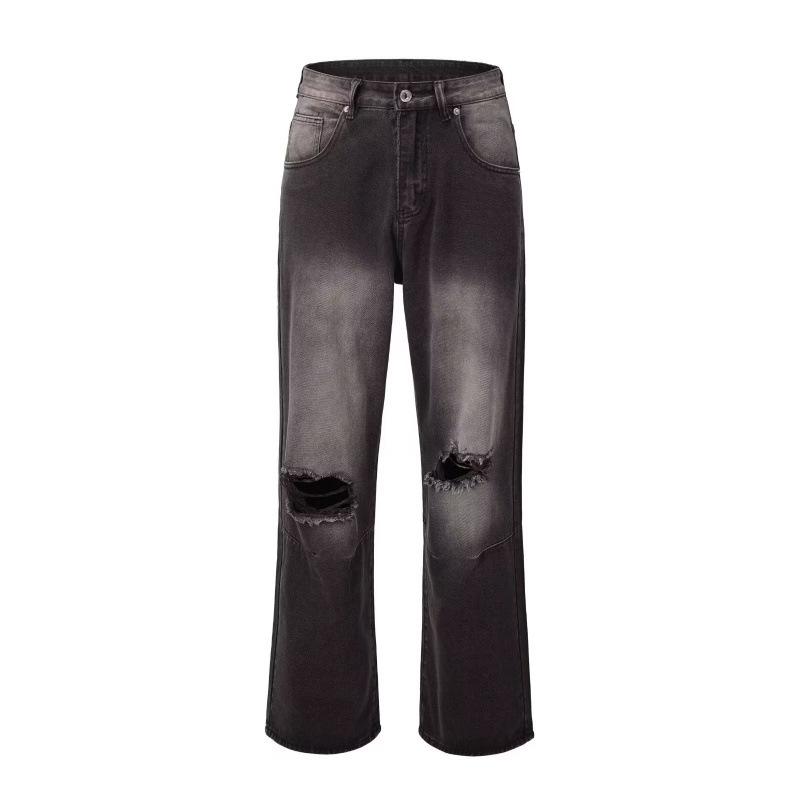 JYL Men s Straight Jeans American High-Street Vibe Ripped Vintage Loose Denim 3XL