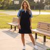 Women’s Casual Denim Patchwork Dress Short Sleeve Loose Fit T Shirt Dress with Pockets and Printed Design for Everyday Wear