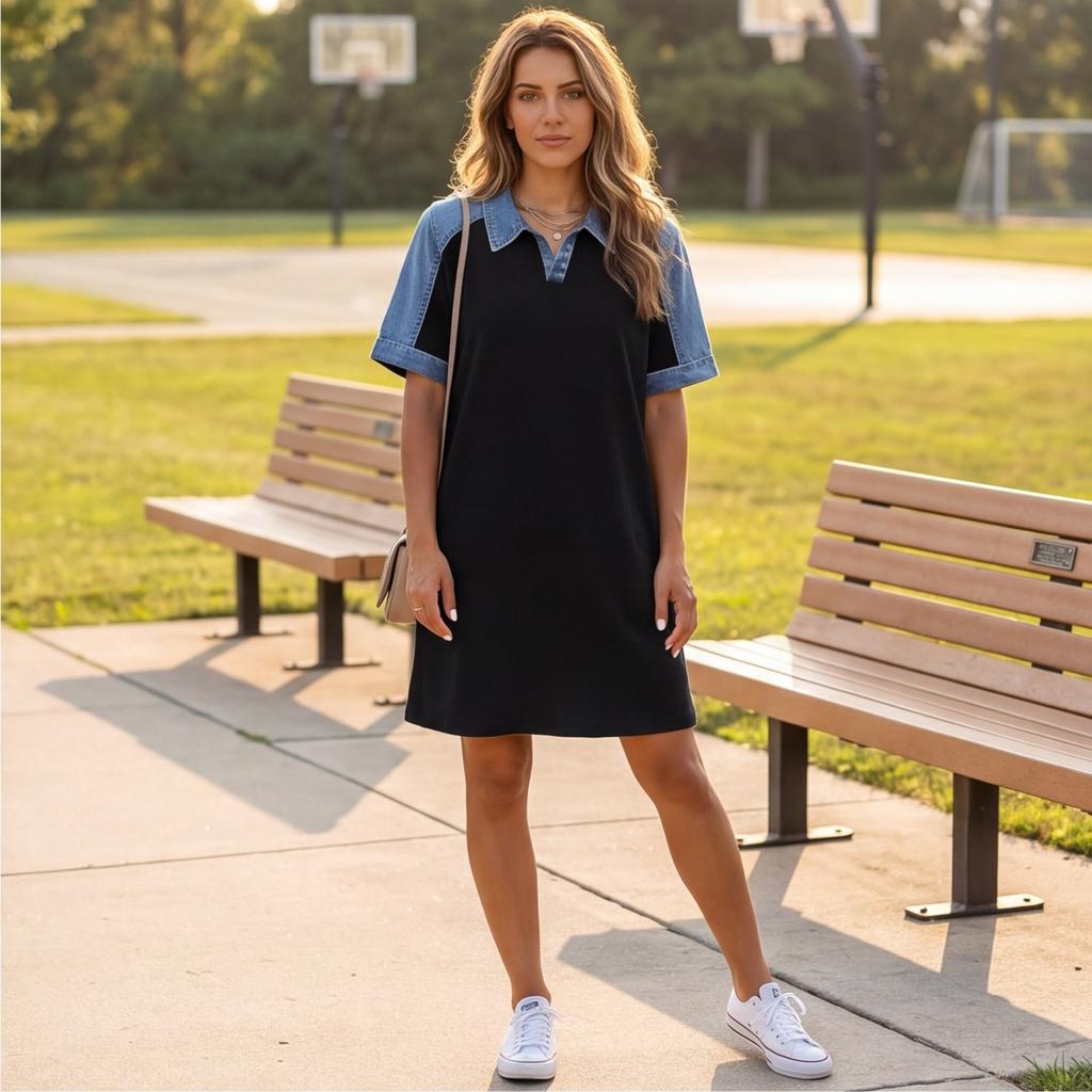 Women’s Casual Denim Patchwork Dress Short Sleeve Loose Fit T Shirt Dress with Pockets and Printed Design for Everyday Wear