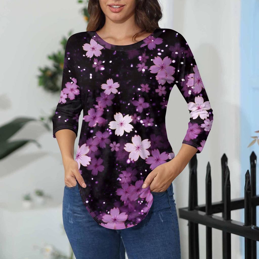 Damen-T-Shirts, 3/4-Ärmel, einfarbig, Pullover, Sommer, Frühling, Tops, Blusen