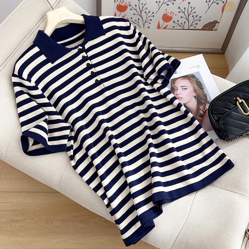 Polo Top Striped Combed Cotton Short-sleeved Summer Latest Comfortable Fit and Versatile Slim Contrasting Knitted T-shirt Top