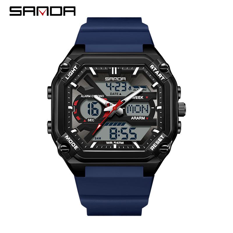 Sanda Men's Multifunctional Waterproof Electronic Watch - Trendy Timer with Dual Display & Three-Time Zone Outdoor Alarm.